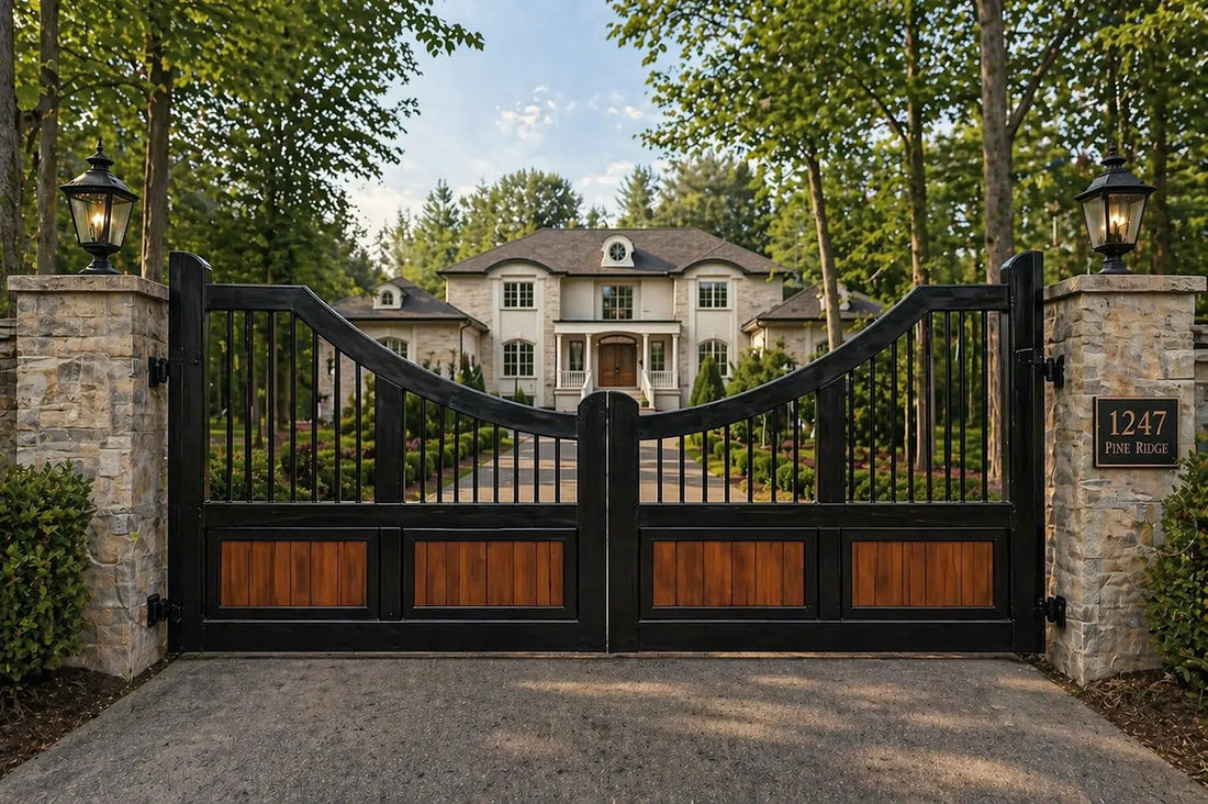 Metal and Wood combination Driveway Gate in Ontario in front of an estate property.