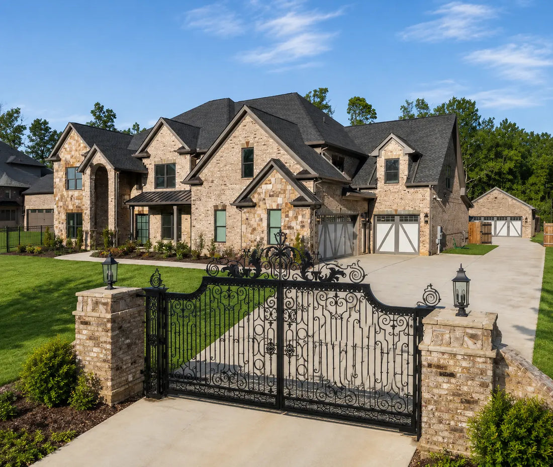 Custom metal driveway gate in front of an estate home in Ontario, Canada