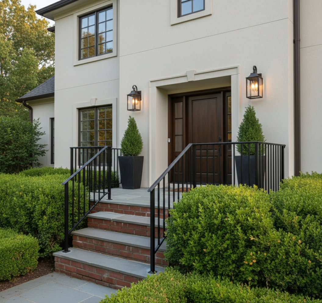 Minimalist stairwell with cream stone steps and floor tiles, featuring a black metal railing with intricate geometric starburst cutout