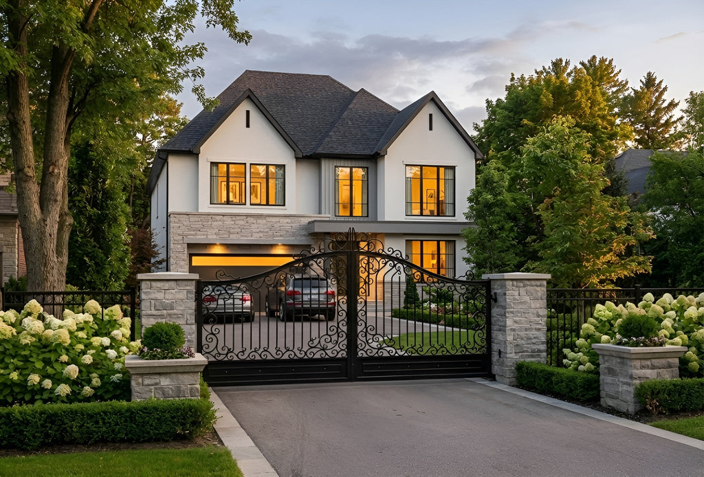 Stylish house with a driveway and gate entrance, surrounded by trees and flowers.
