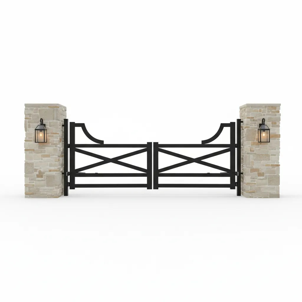 Black metal Georgia gate between two stone pillars with wall lights on a white background
