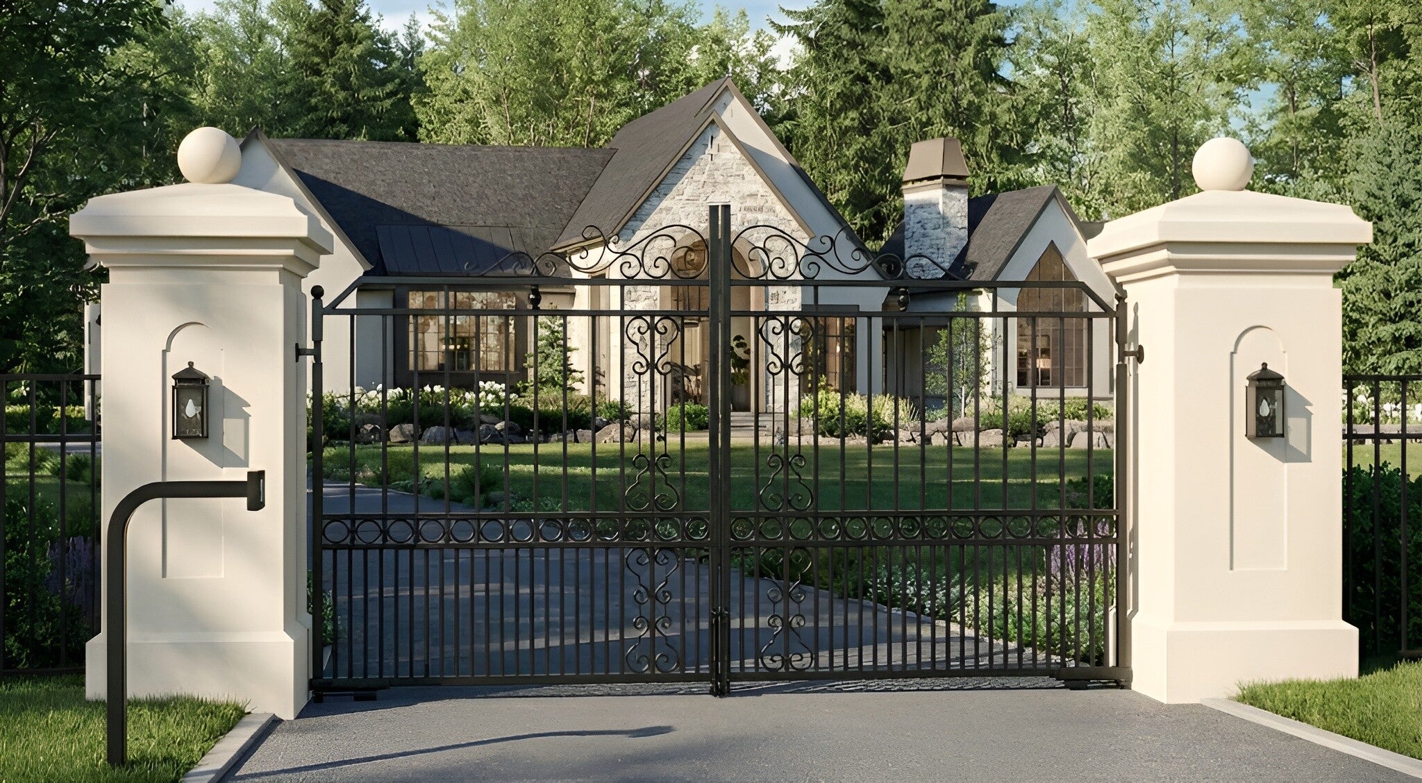 Elegant black gate with white pillars in front of a house