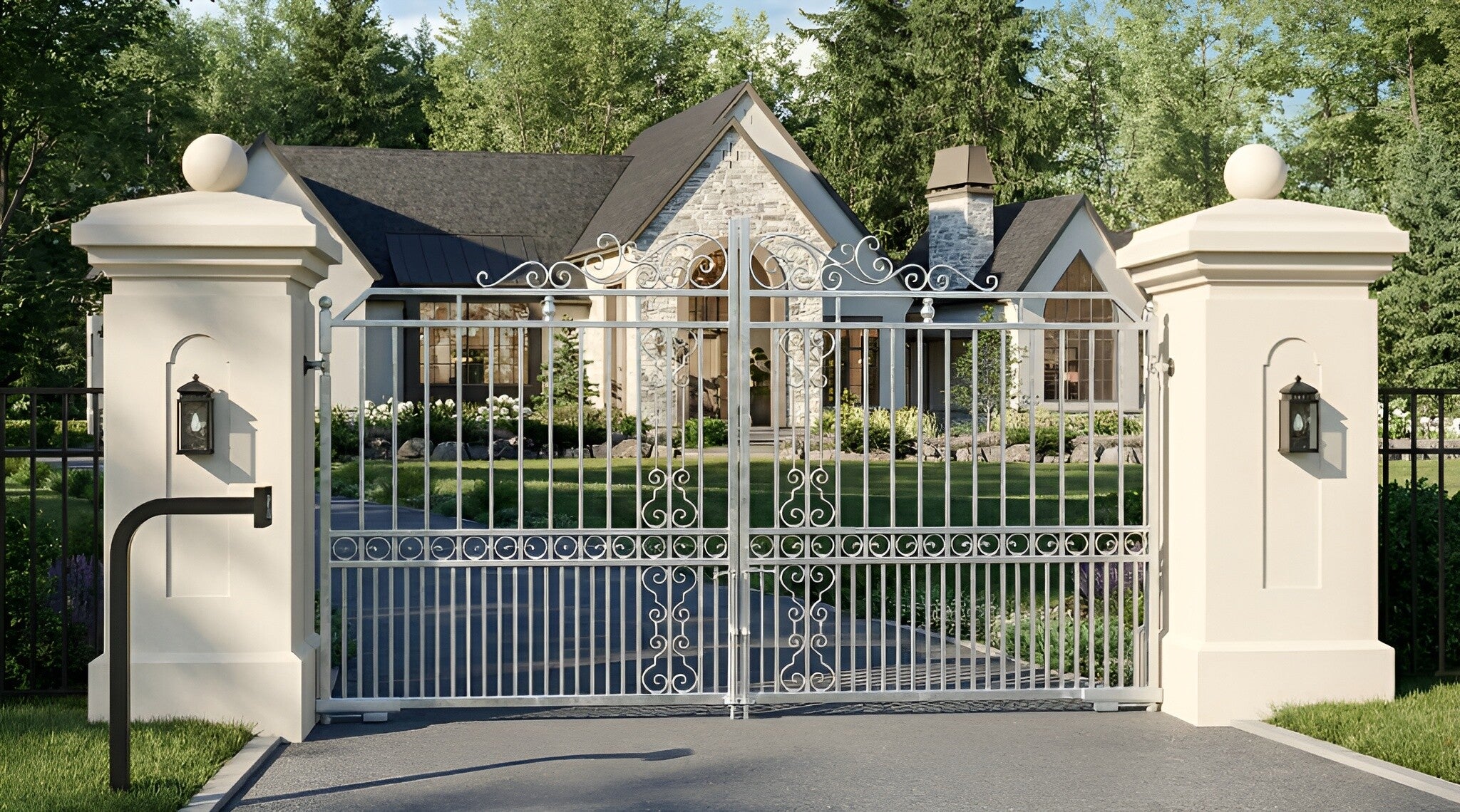 Wrought iron gate in front of a house with trees in the background