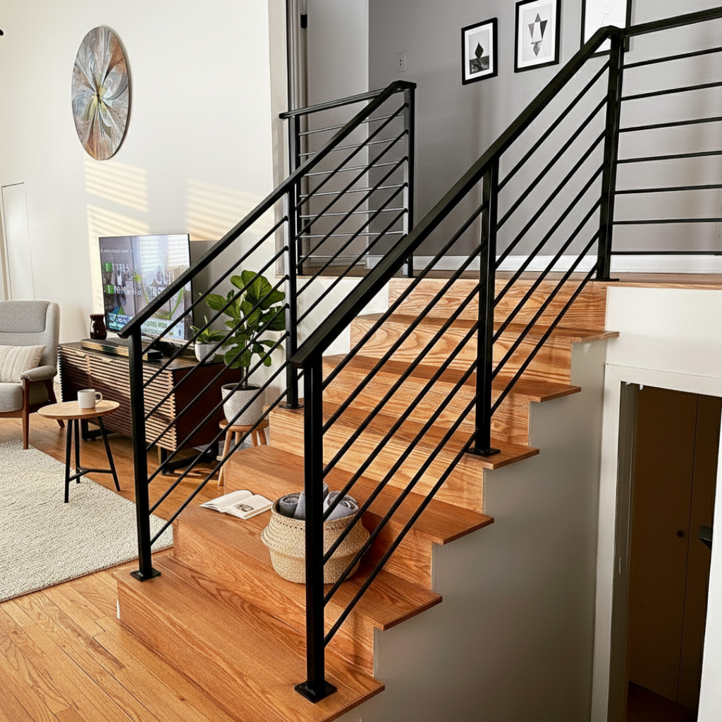 Modern staircase with wooden steps and black metal railing in a home setting.