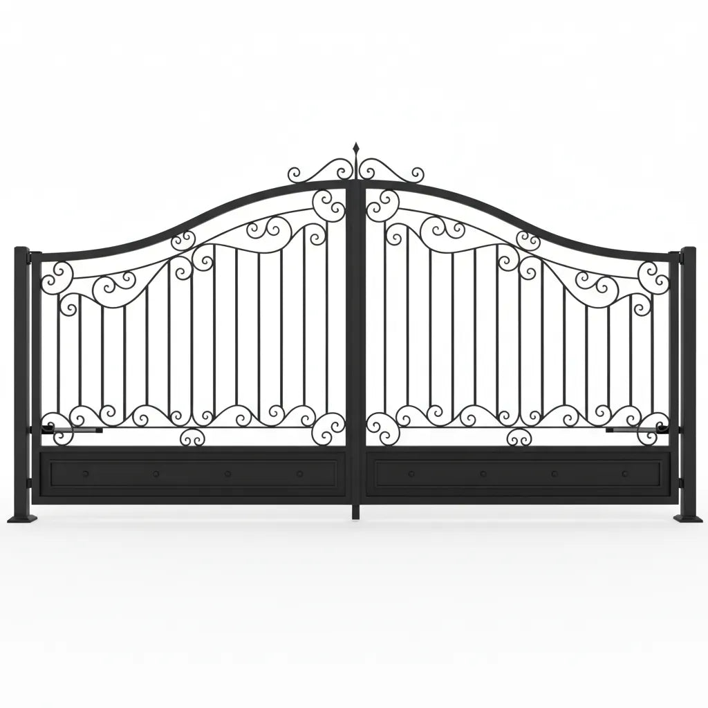 Black Kentucky wrought iron gate with decorative patterns on a white background