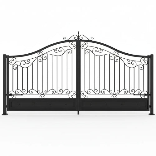 Black Kentucky wrought iron gate with decorative patterns on a white background
