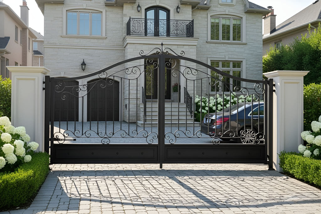 Wrought iron gate in front of a large house with a driveway and car.