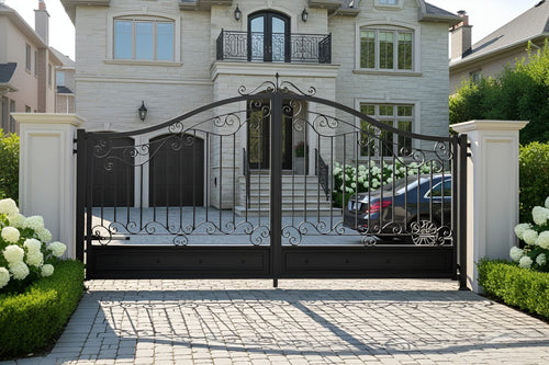 Wrought iron gate in front of a large house with a driveway and car.