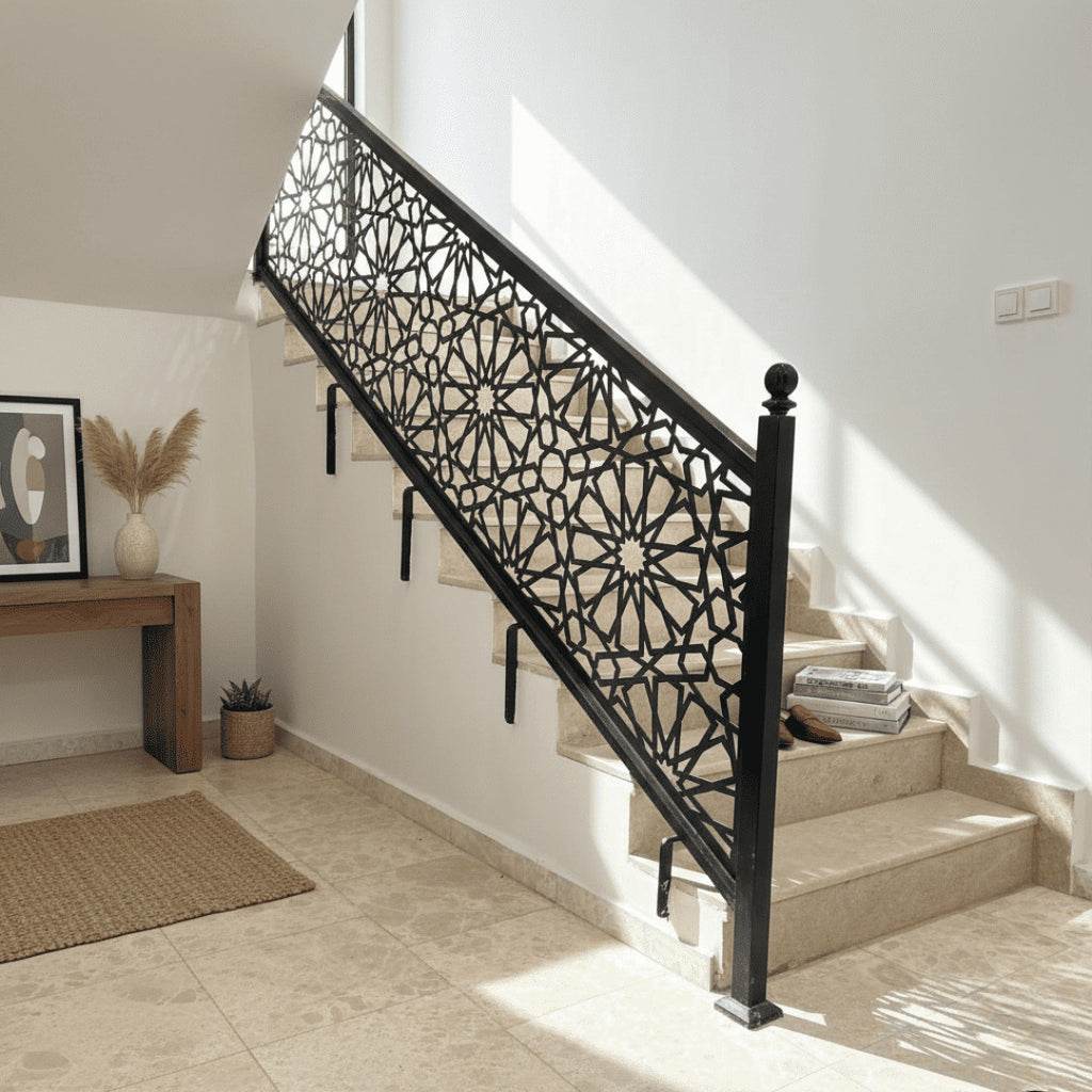 Modern Laser-Cut Steel Stair Railing | R120 – Ornate Steel Works