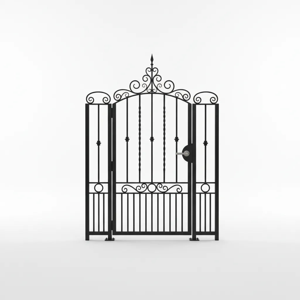 Wrought iron Backyard gate with decorative top and bottom sections on a white background