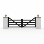 Black metal Texas Ranch gate with pillars on a white Studio background