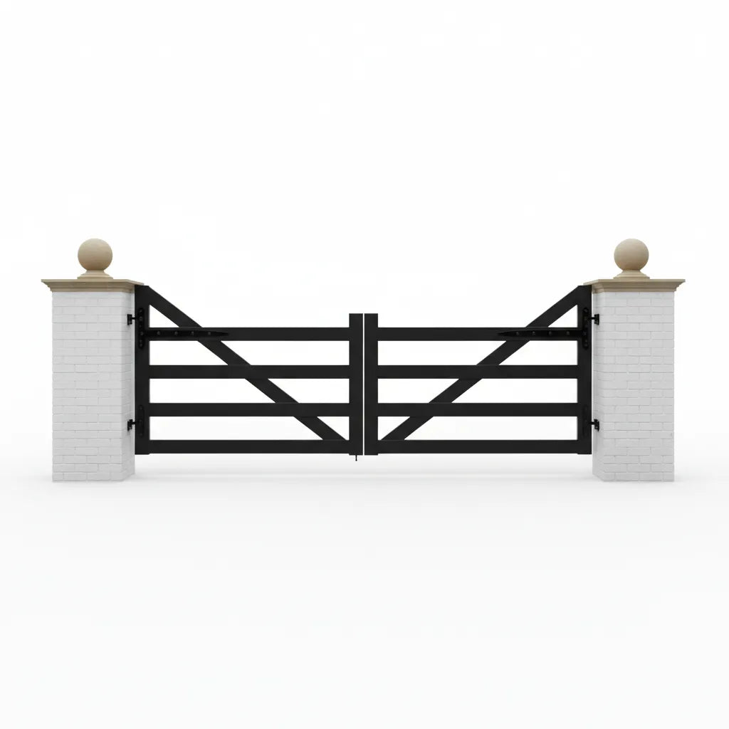 Black metal Texas Ranch gate with pillars on a white Studio background