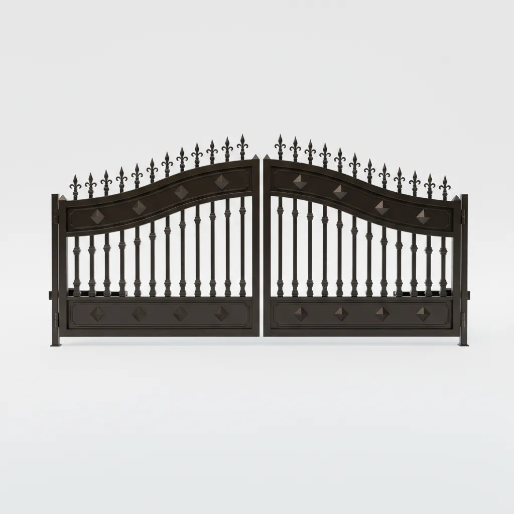 Decorative Estate Mississippi metal gates with intricate designs on a white background