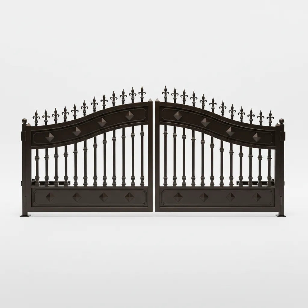 Wrought iron gate with decorative top and bottom sections on a Studio white background