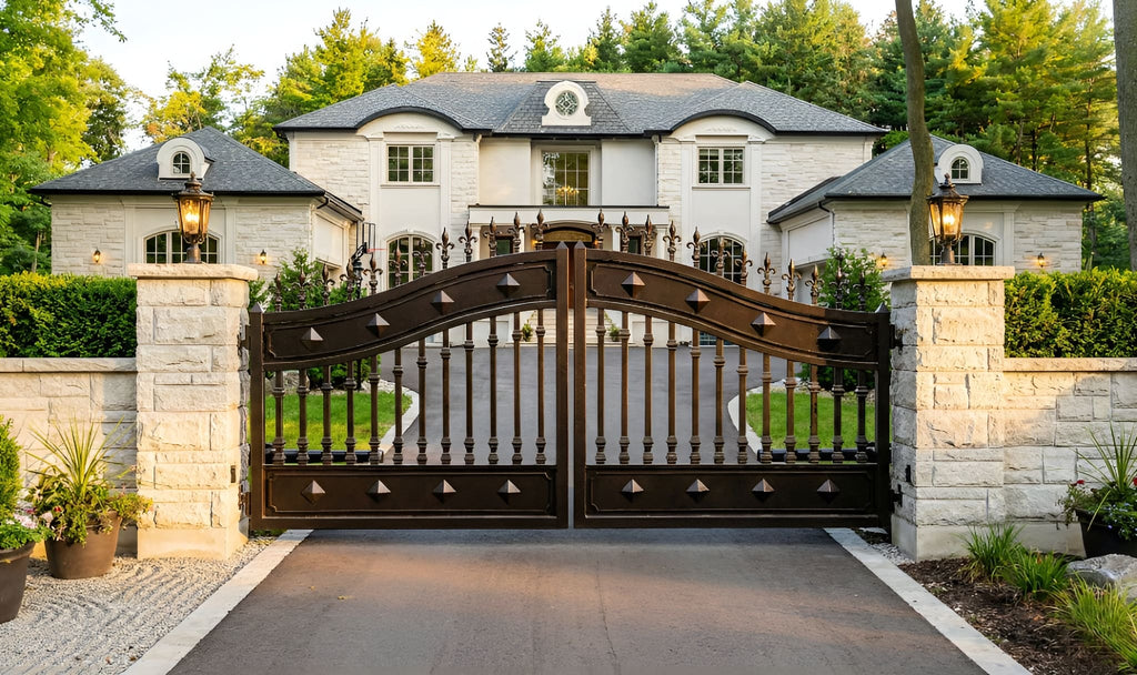 Luxurious mansion with a large ornate gate in a well-maintained garden.