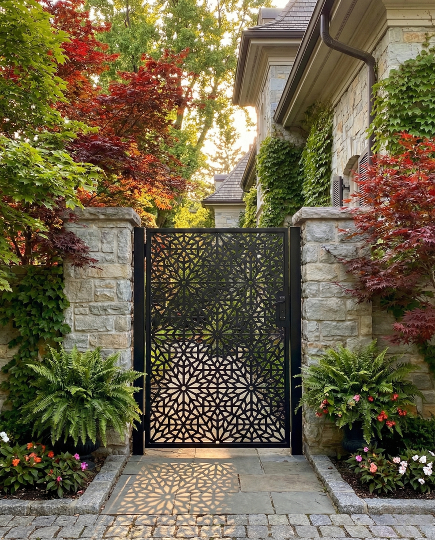 Ornate Ironworks Gate infront of a old vintage stonehouse.