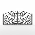 Black Florida metal gate with decorative design on a white background