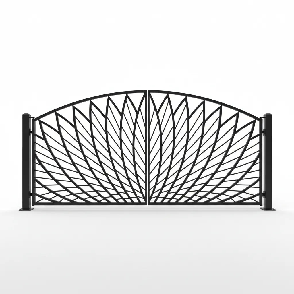 Black Florida metal gate with decorative design on a white background