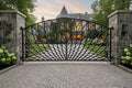 Wrought iron gate in front of a large stone mansion with a sunset sky.