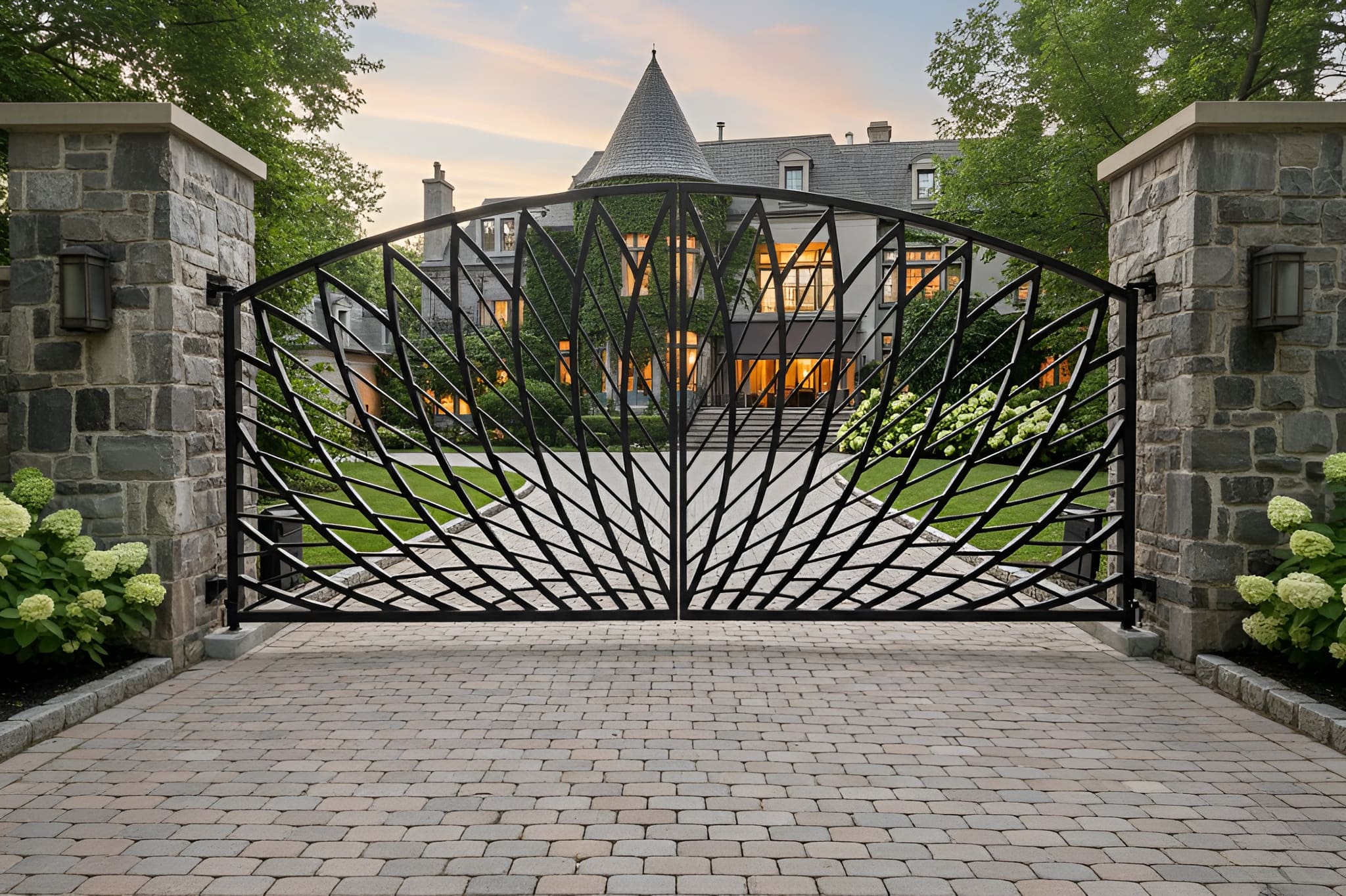 Wrought iron gate in front of a large stone mansion with a sunset sky.