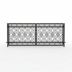 Oregon Decorative black metal gates with geometric pattern on a white background