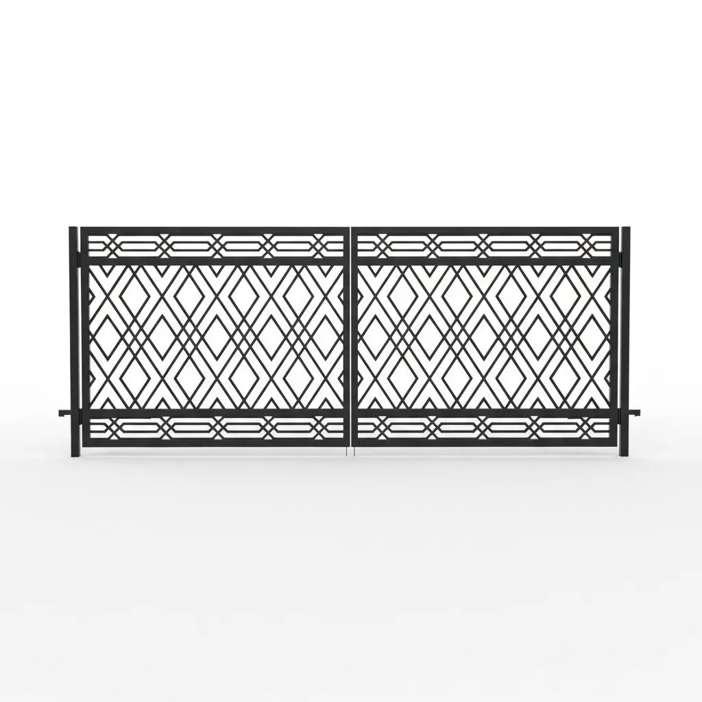 Oregon Decorative black metal gates with geometric pattern on a white background