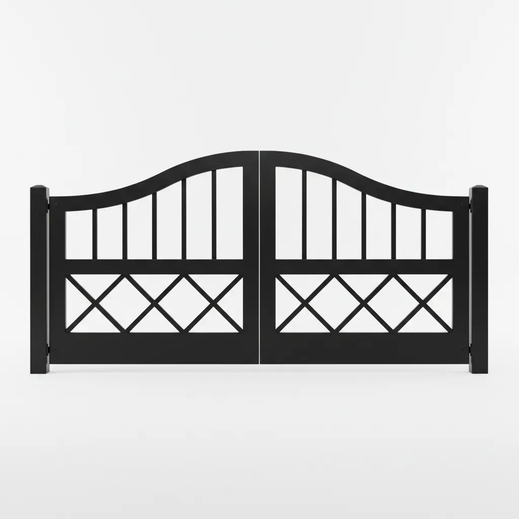 Black metal Ranch Texas gate with decorative patterns on a white background