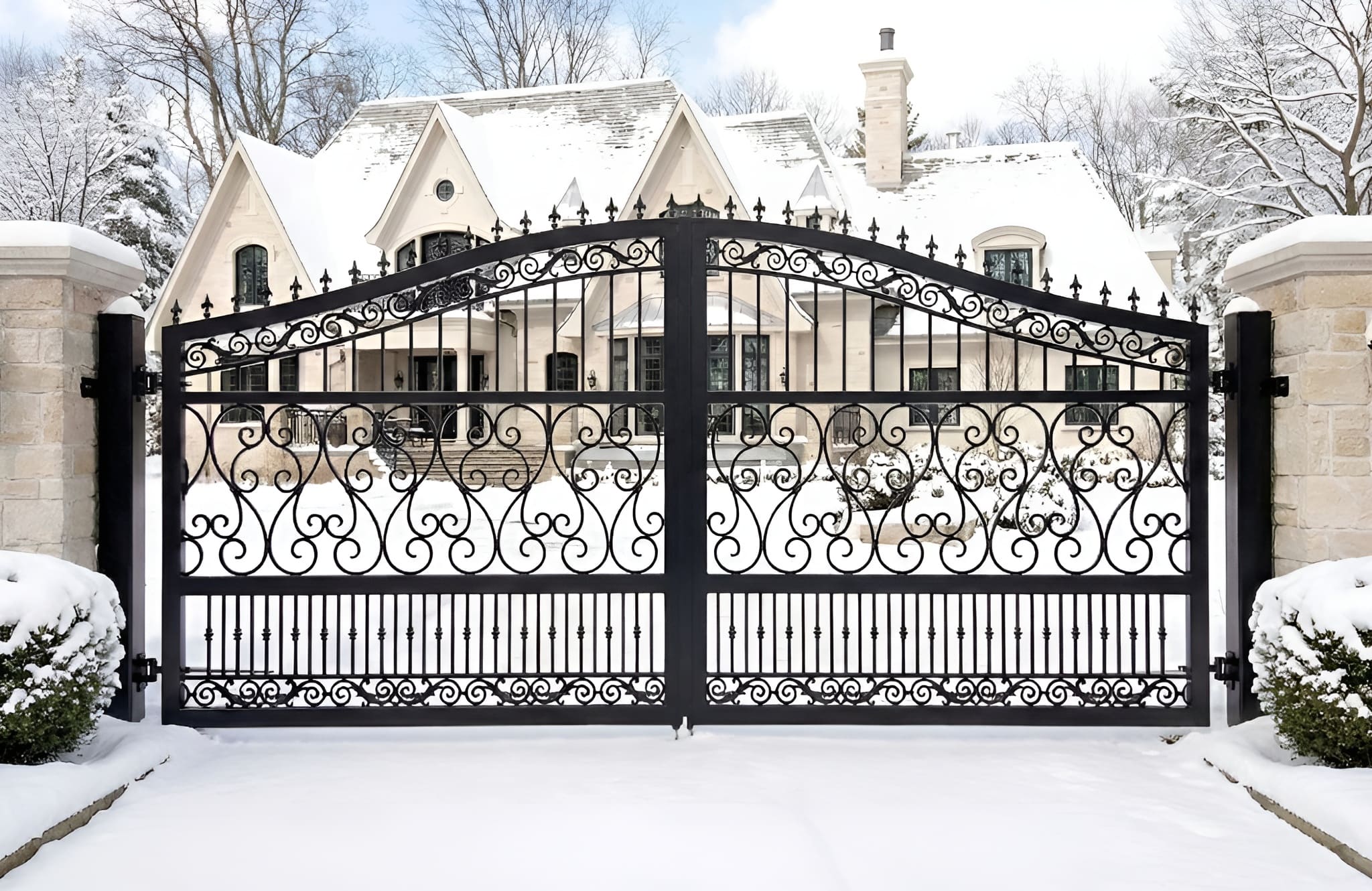 Decorative black metal gate in front of a house with snow on the ground