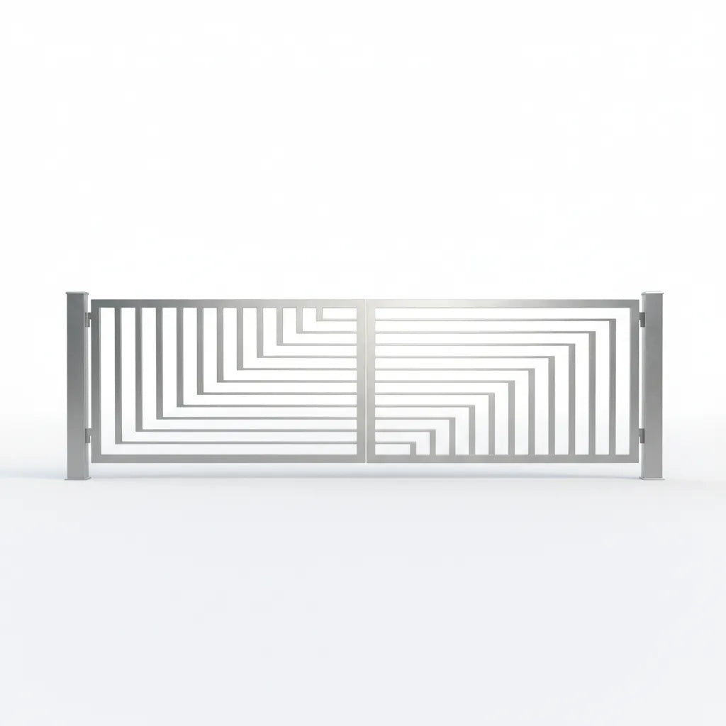 Metallic Modern San Diego gate with a geometric pattern on a white background