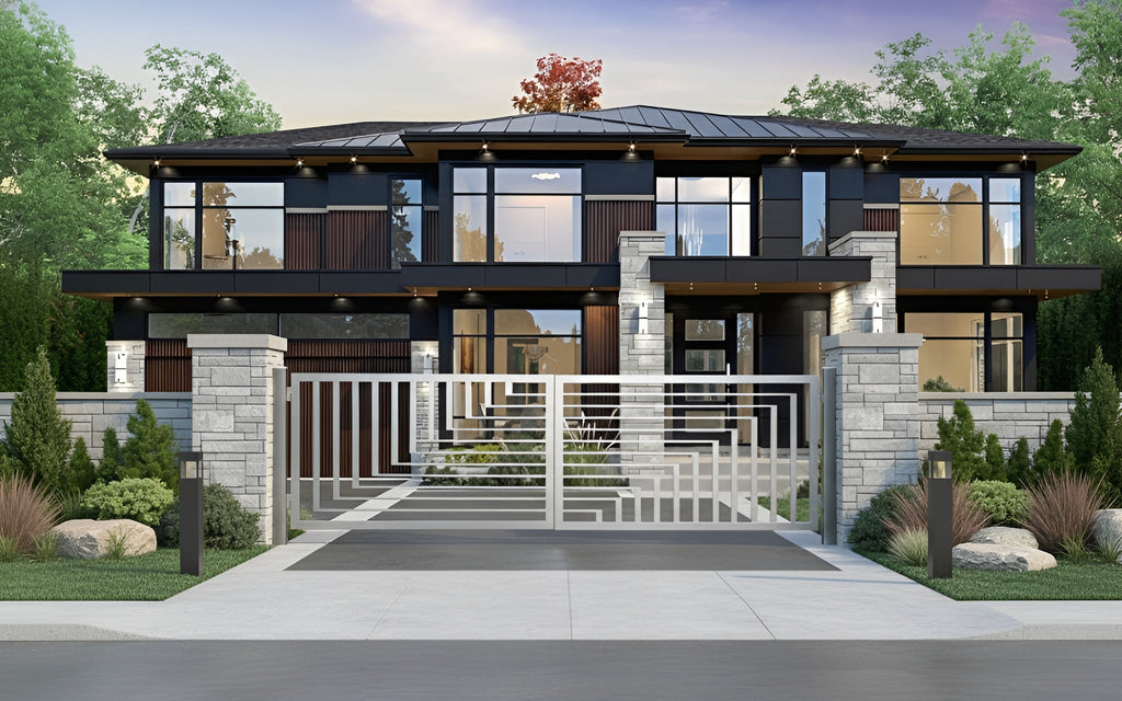 Modern house with a driveway and greenery