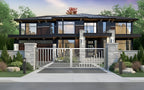 Modern house with a driveway and greenery