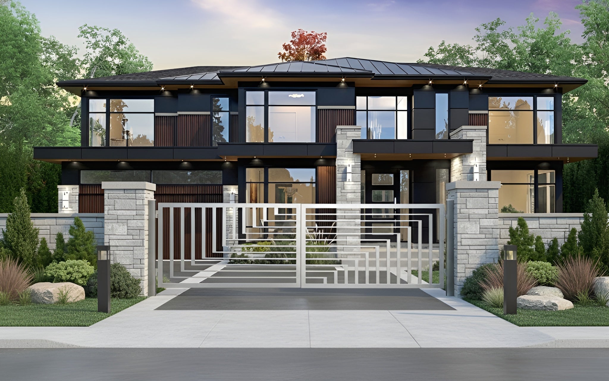 Modern house with a driveway and greenery