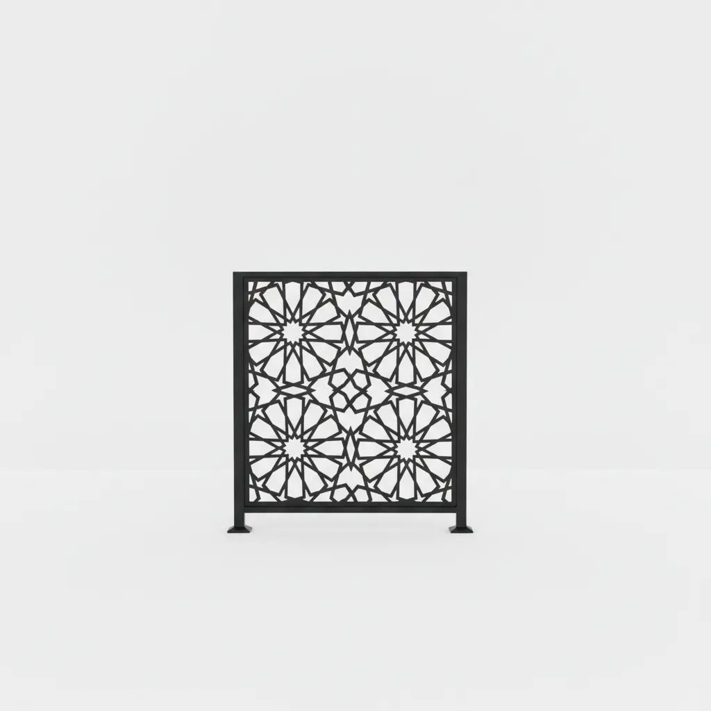 Decorative black metal screen with geometric pattern on a white background code compliant