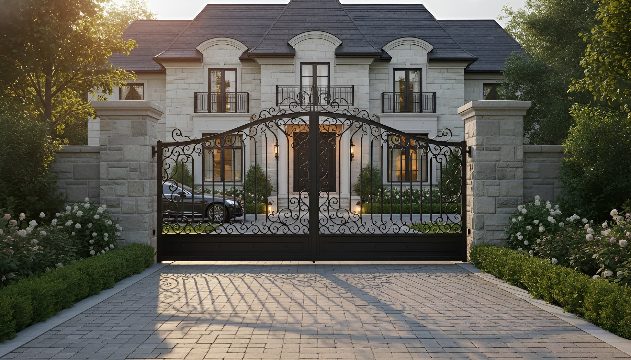 A large black gated driveway leading to a large house in Minnesota, USA