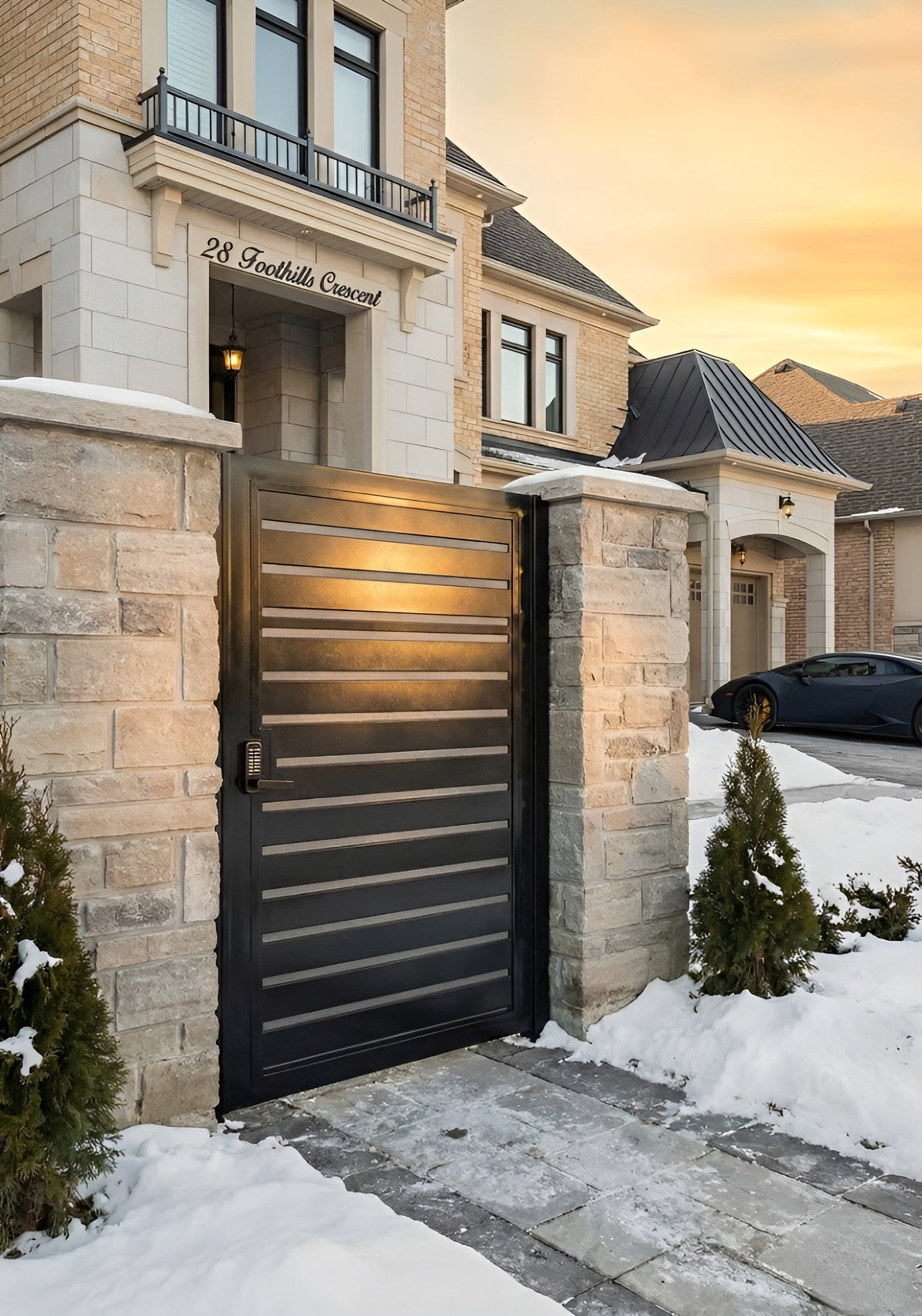 Modern gate in front of a house with snow on the ground