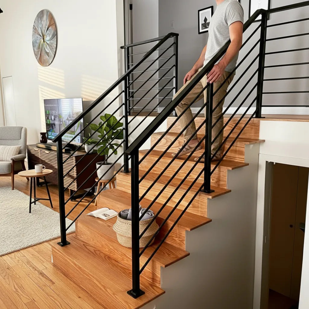Person walking up a staircase in a modern home with a living room in the background.