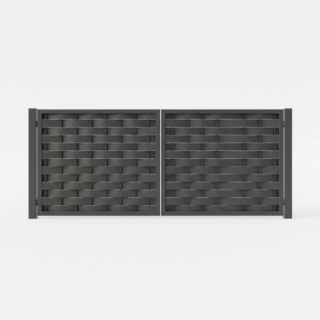 Dark grey woven privacy patterned panel on a white background