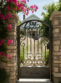 Decorative wrought iron gate with pink flowers and a house in the background