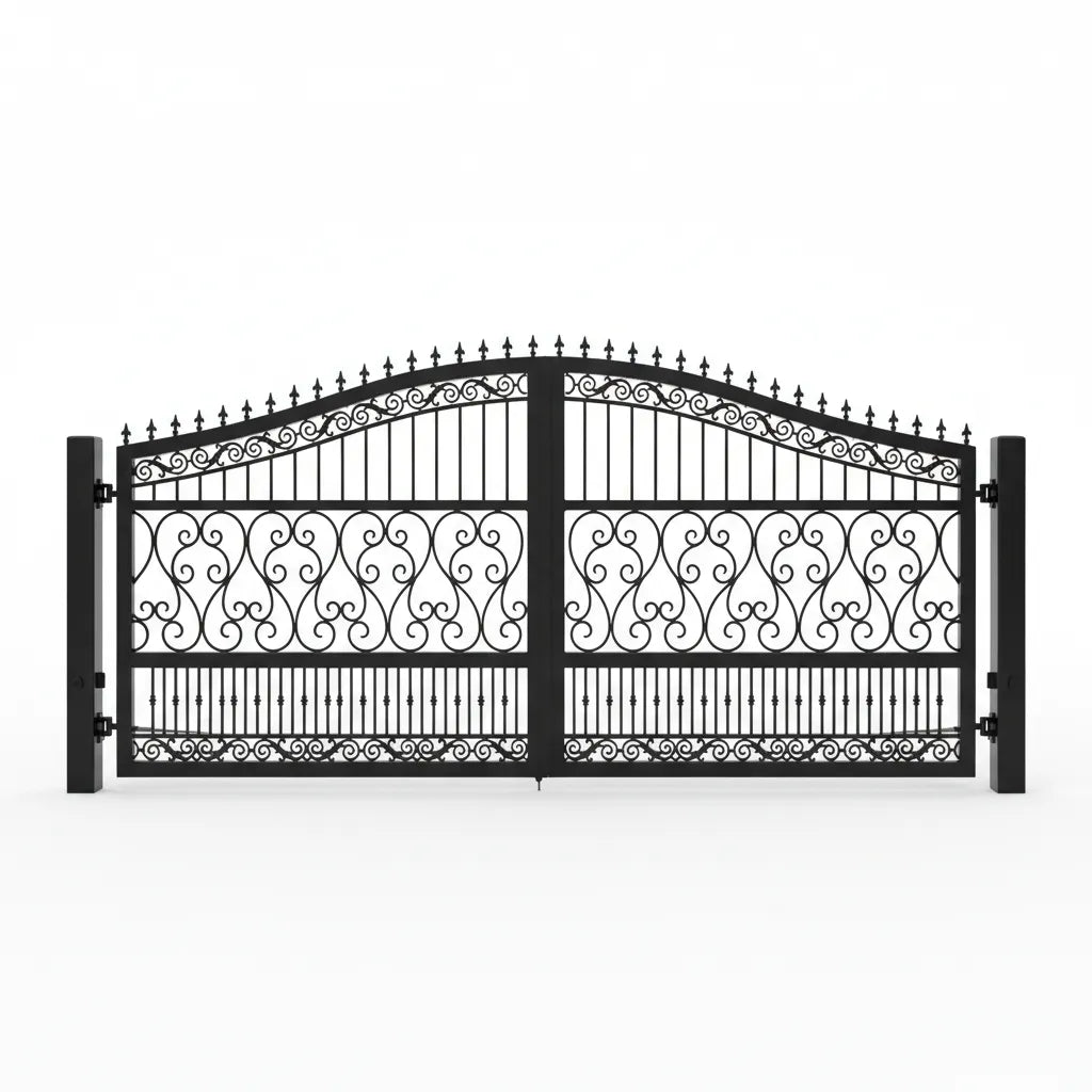 Virginia Wrought iron gate with decorative patterns on a white background