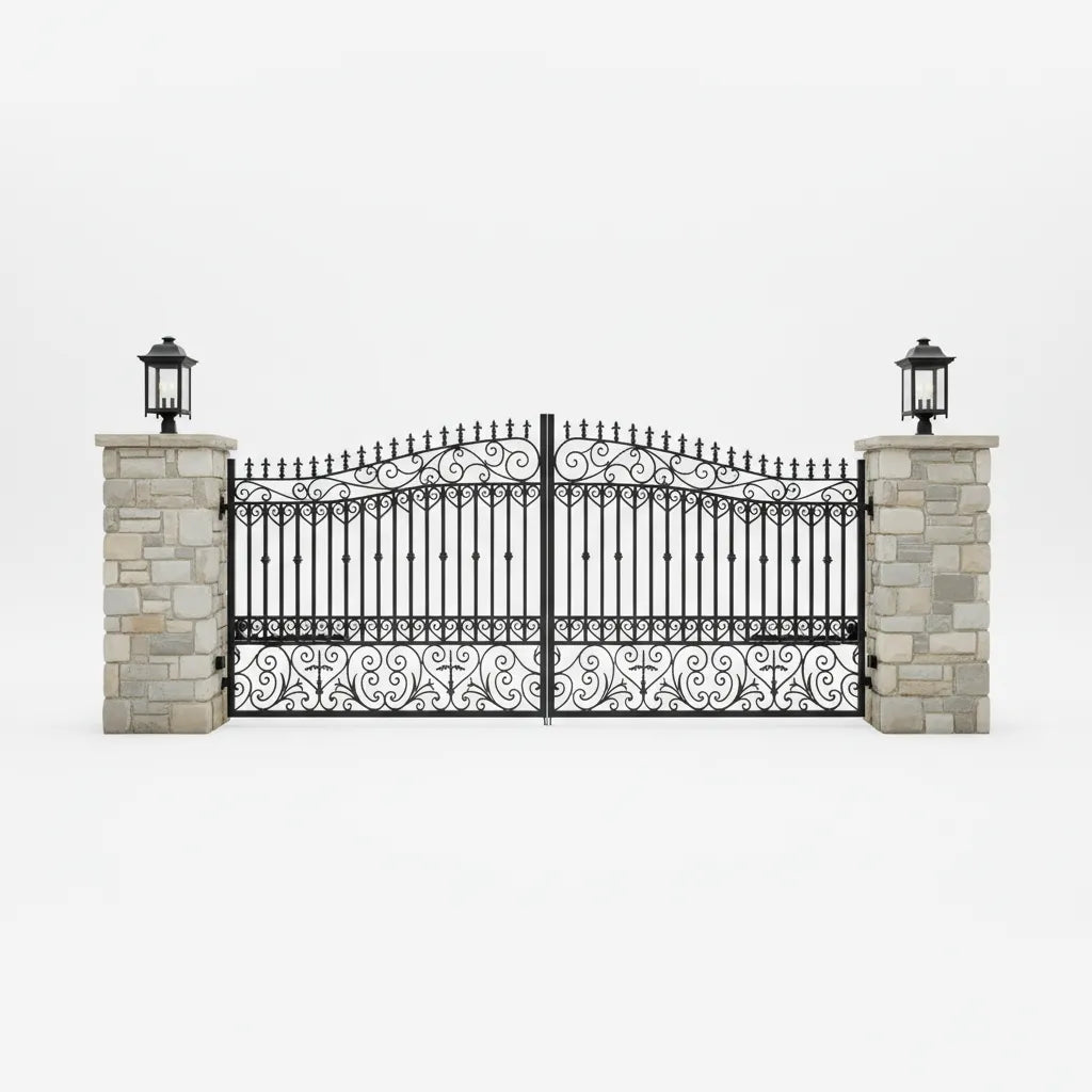 Wrought iron gate on Wisconsin mansion with stone pillars on a white background