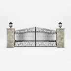 Wrought iron gate on Wisconsin mansion with stone pillars on a white background