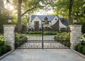 Decorative black wrought iron gate in front of a house with stone pillars and lush greenery.