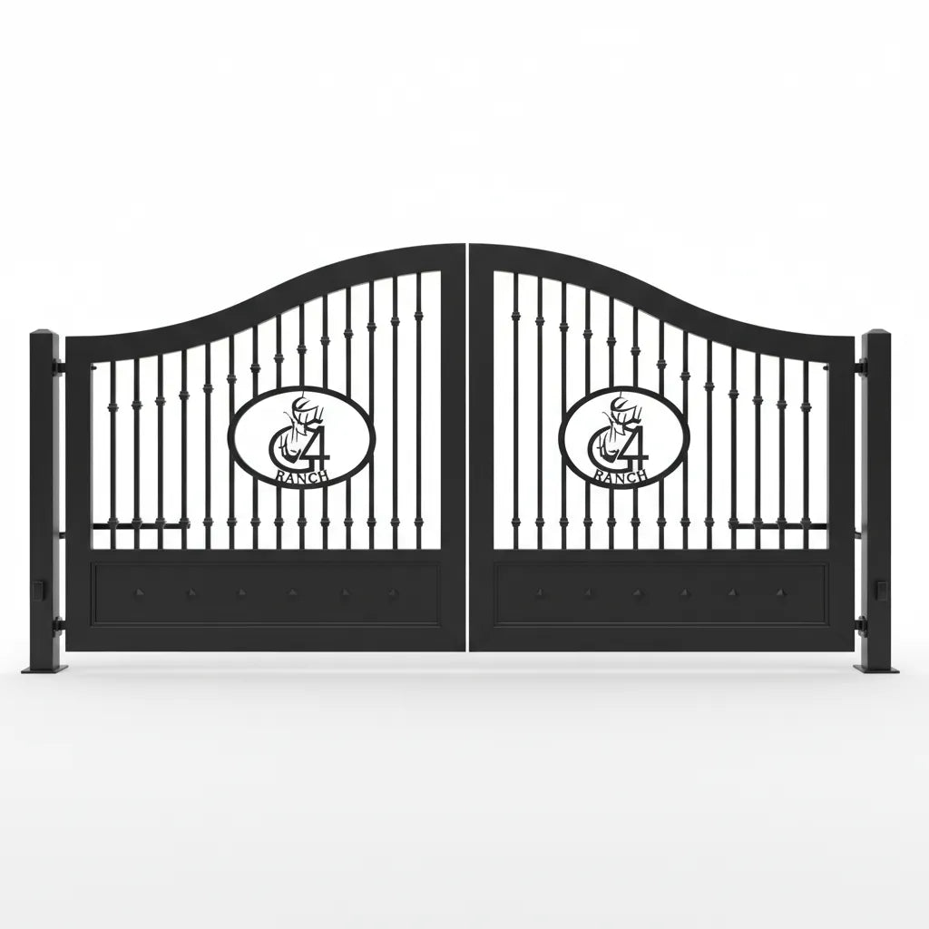 Black North Carolina metal gates with a logo on a white background
