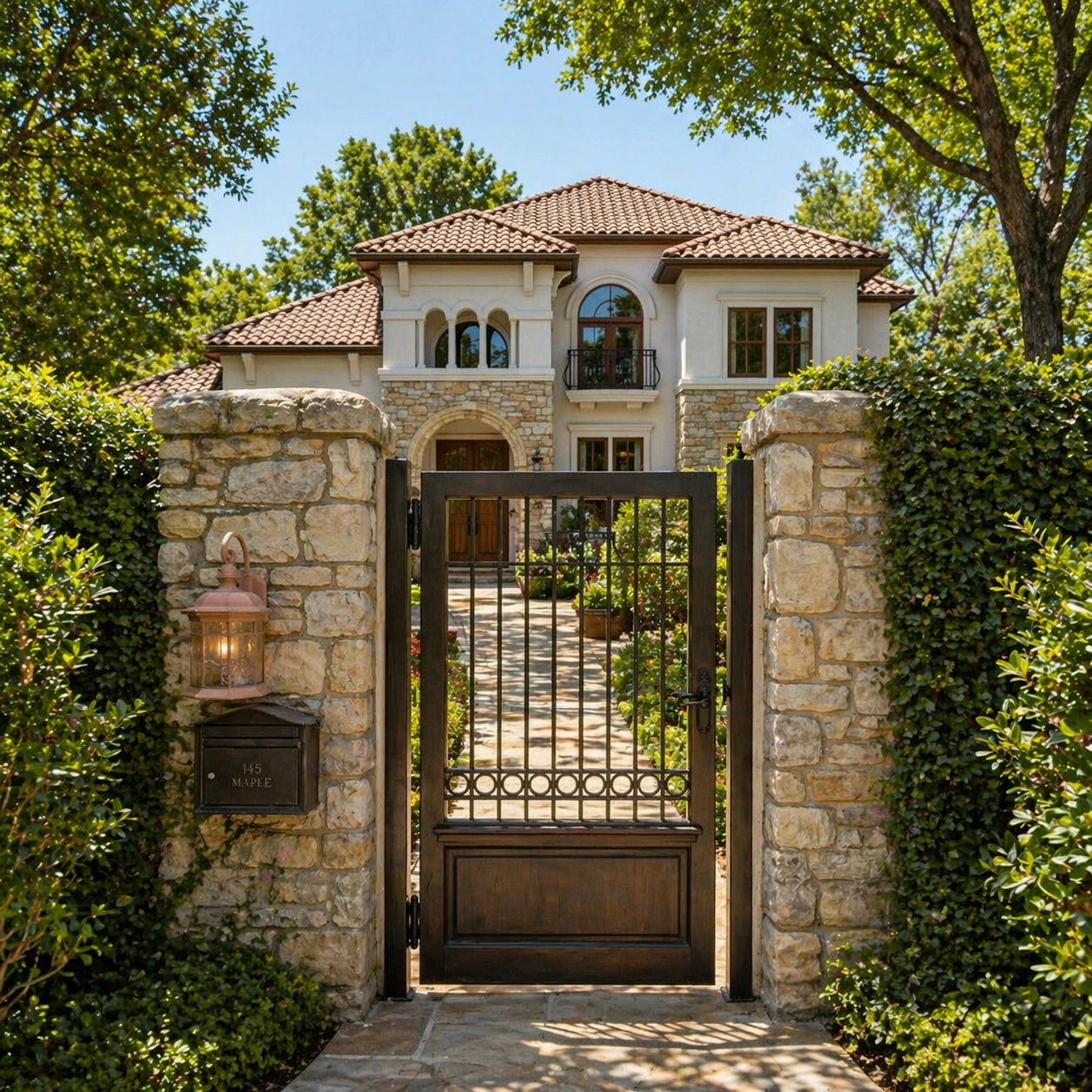 Luxury house with stone entrance and wrought iron gate
