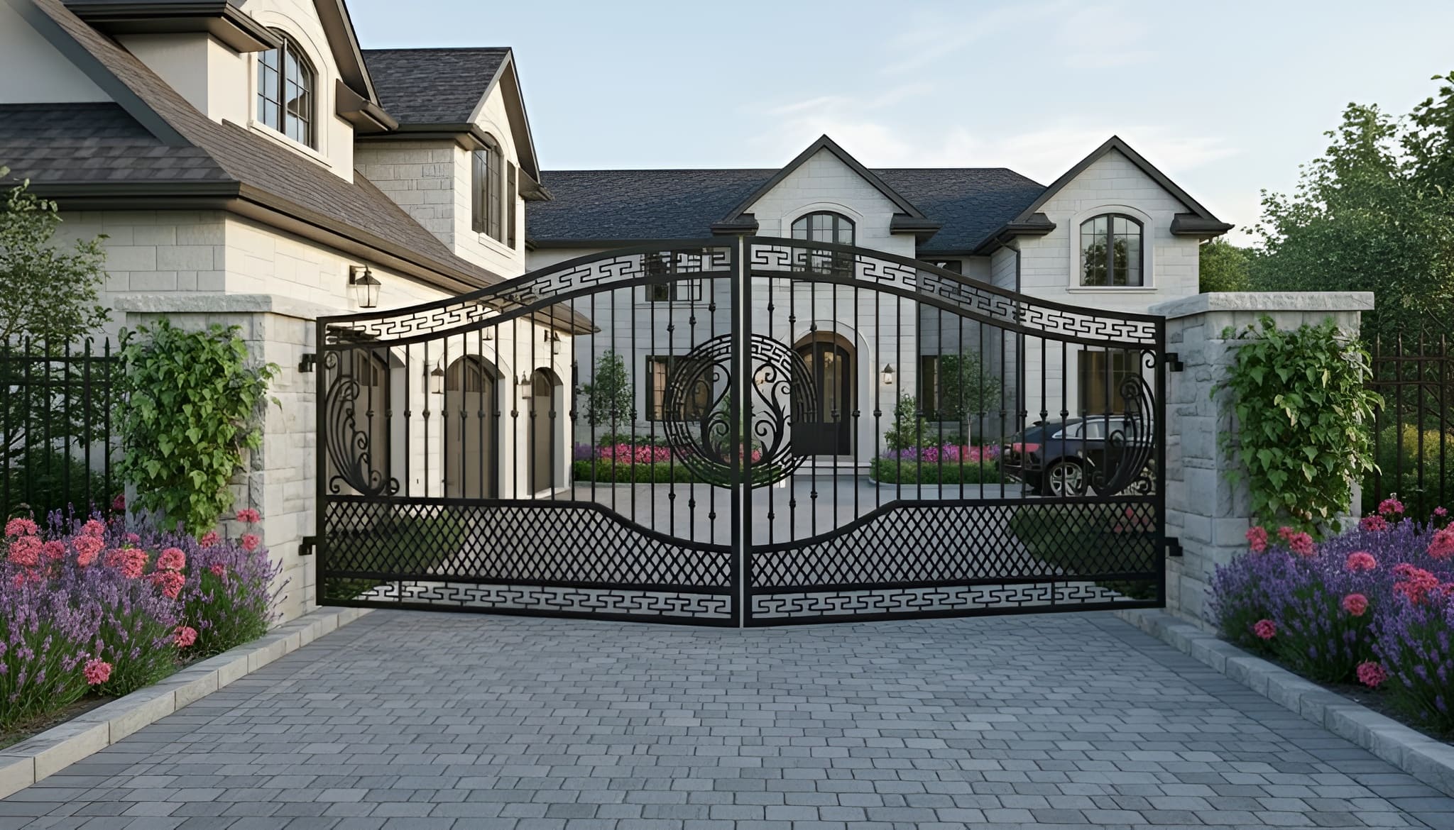 Decorative black metal gate in front of a house with flowers and a clear sky.