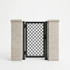 Black metal gate with decorative lattice design between stone columns on a white background