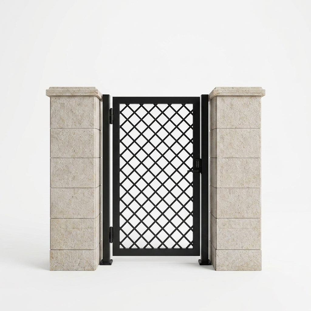 Black metal gate with decorative lattice design between stone columns on a white background