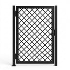 Black metal gate with diamond pattern on a white background