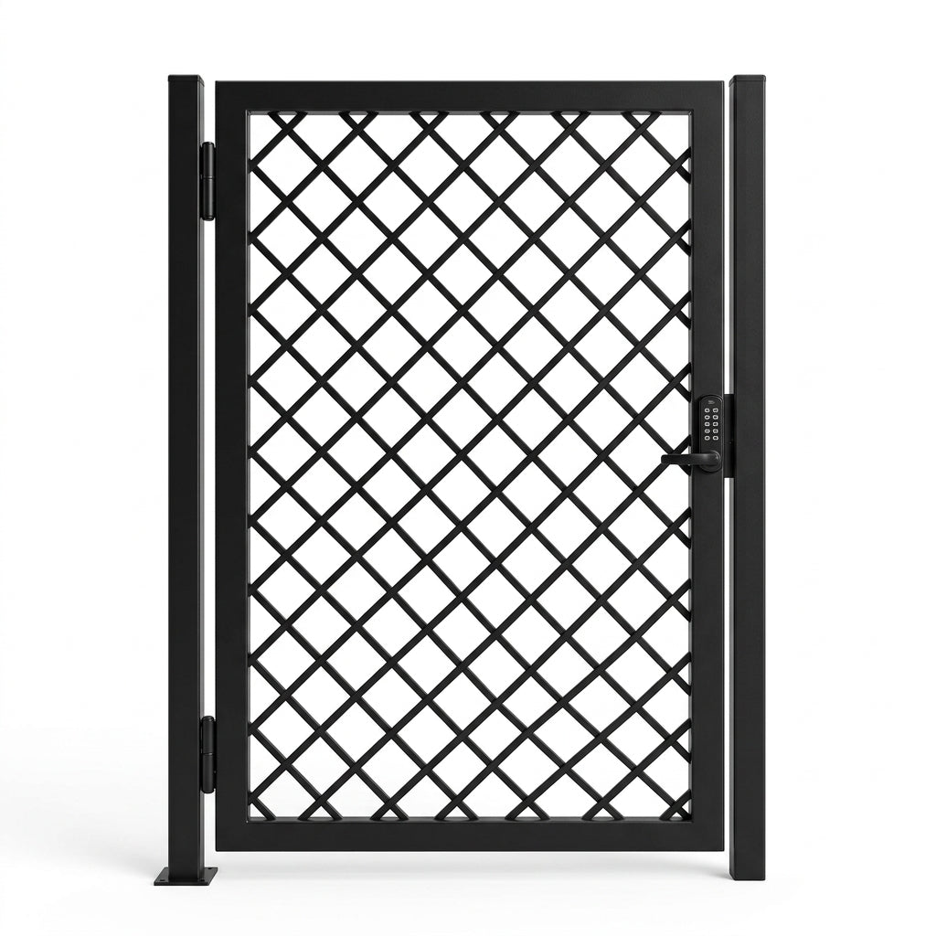 Black metal gate with diamond pattern on a white background
